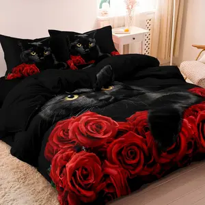3pcs Romantic Black Cat & Rose Print Bedroom Bedding Set - Includes 1 Duvet Cover and 2 Pillowcases, Breathable Polyester, Machine Washable - Perfect for All Seasons