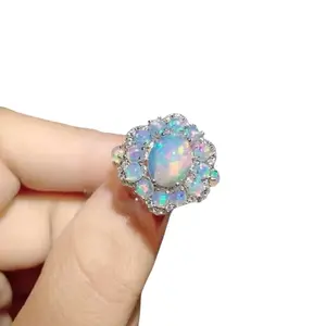 Fire Opal Flower Cluster Statement Ring 925 Sterling Silver