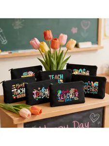 Best Teacher Ever Teach Canvas Zipper Pouch, Teacher's Day Appreciation Gift Bag, Reusable Stationery Makeup Pouch for School Teachers