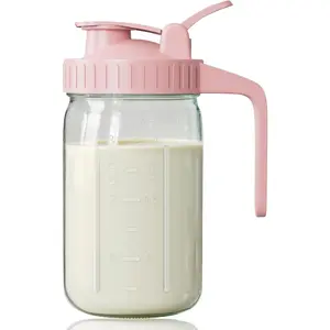Breast Milk Pitcher, Mason Jar, Heavy Duty Wide Mouth Jar with Pink Flip Cap Lid and Pour Spout, Airtight Seal for Freshness and Convenience, Great for Cold Beverages and Home Entertaining