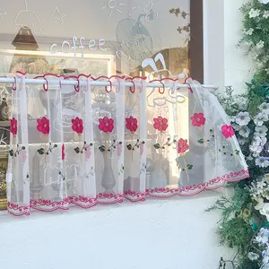 Modern Farmhouse Floral Embroidered Sheer Curtains, Short Rod Pocket Hanging, 100% Polyester Fiber, Lightweight Breathable, Garden, Cabin, Living Room