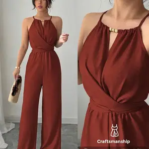 Ladies' elegant solid color beaded jumpsuit, perfect for parties and formal events, sleeveless design that can be layered underneath