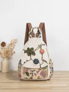 Boho Ethnic Style Handwoven Flower Pumpkin Ball Floral Round Backpack, Large Capacity Multi-Pocket Fashion Bag, Random Cut Design, Casual Daypack