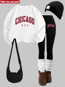 Women's 2-Piece Sweatshirt Set, Chicago Letter Print, Round Neck Long Sleeve, Fitted Bottoms, Casual Winter, Holiday Sale