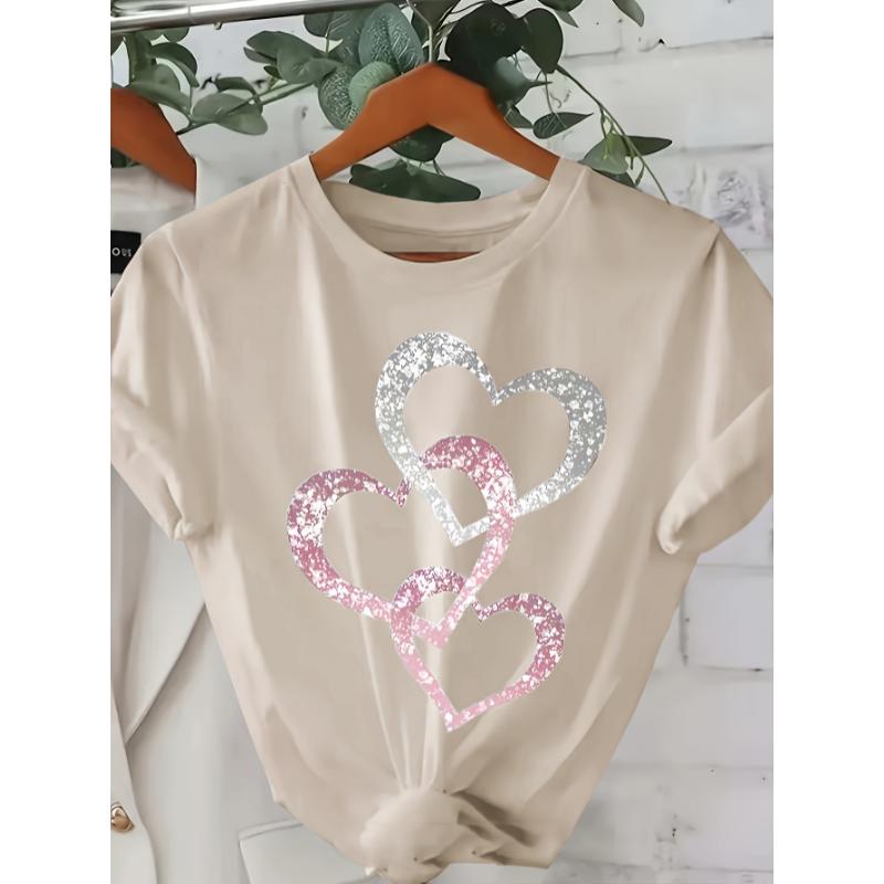 Women's Summer Casual Short Sleeve T-Shirt - Vibrant Pink Gradient Heart Print, Relaxed Fit Round Neck, Medium Stretch Breathable Fabric, Machine Washable Korean Style Top, Glitter Texture Hearts, Comfortable Fit Shirt