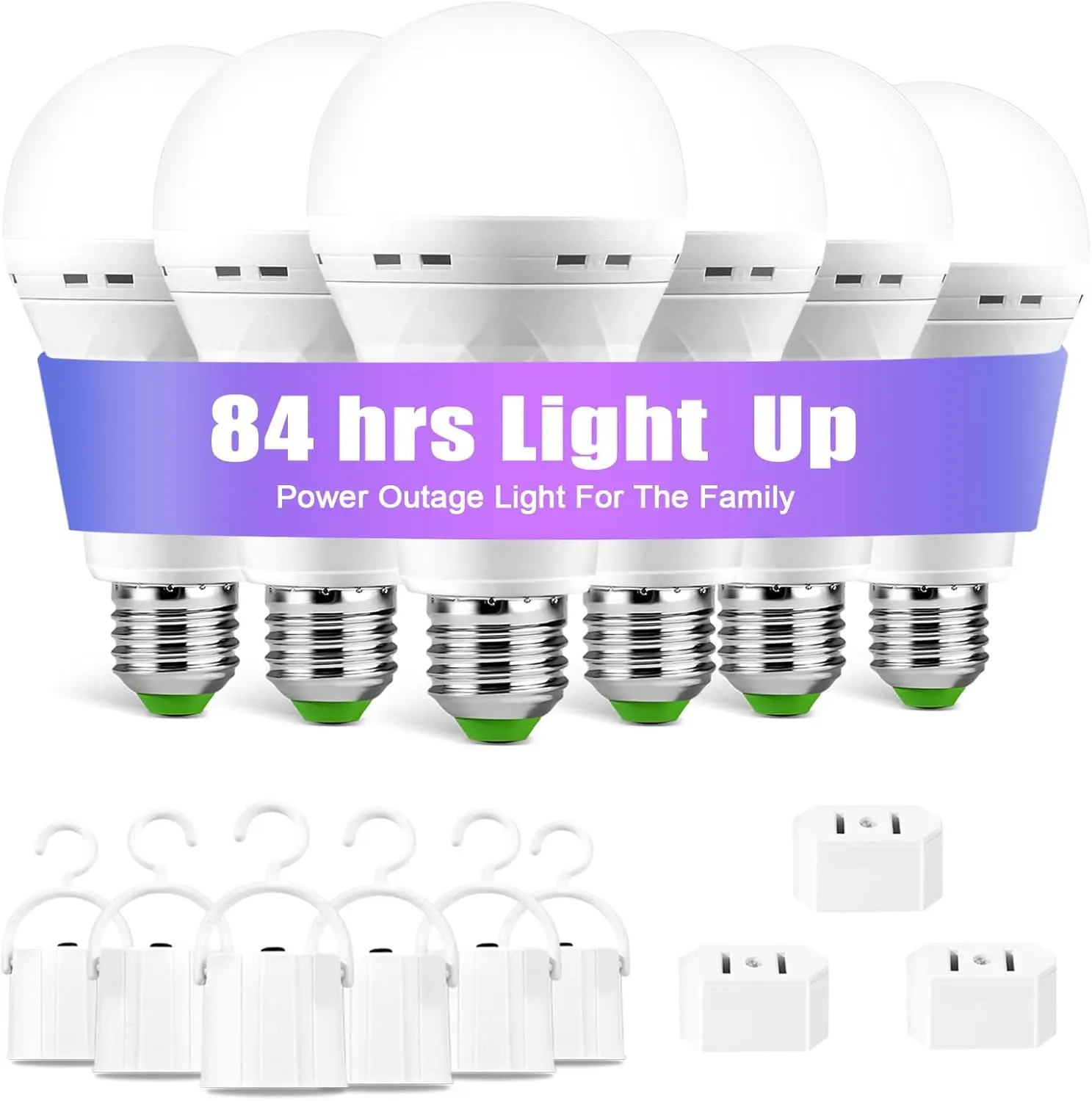-Rechargeable-Light-Bulb, Stay Lights Up When Power Failure, 1500mAh 12W 60W Equivalent LED Light Bulbs for Home, Camping, Hiking (E27, with Hook,with Plug Cap) 6 Pack