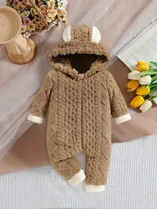 Baby girl winter hooded cute plush ear warm jumpsuit, zipper striped checkered jumpsuit suitable for outdoor, baby girl clothing, girl hooded jumpsuit, Easter gift