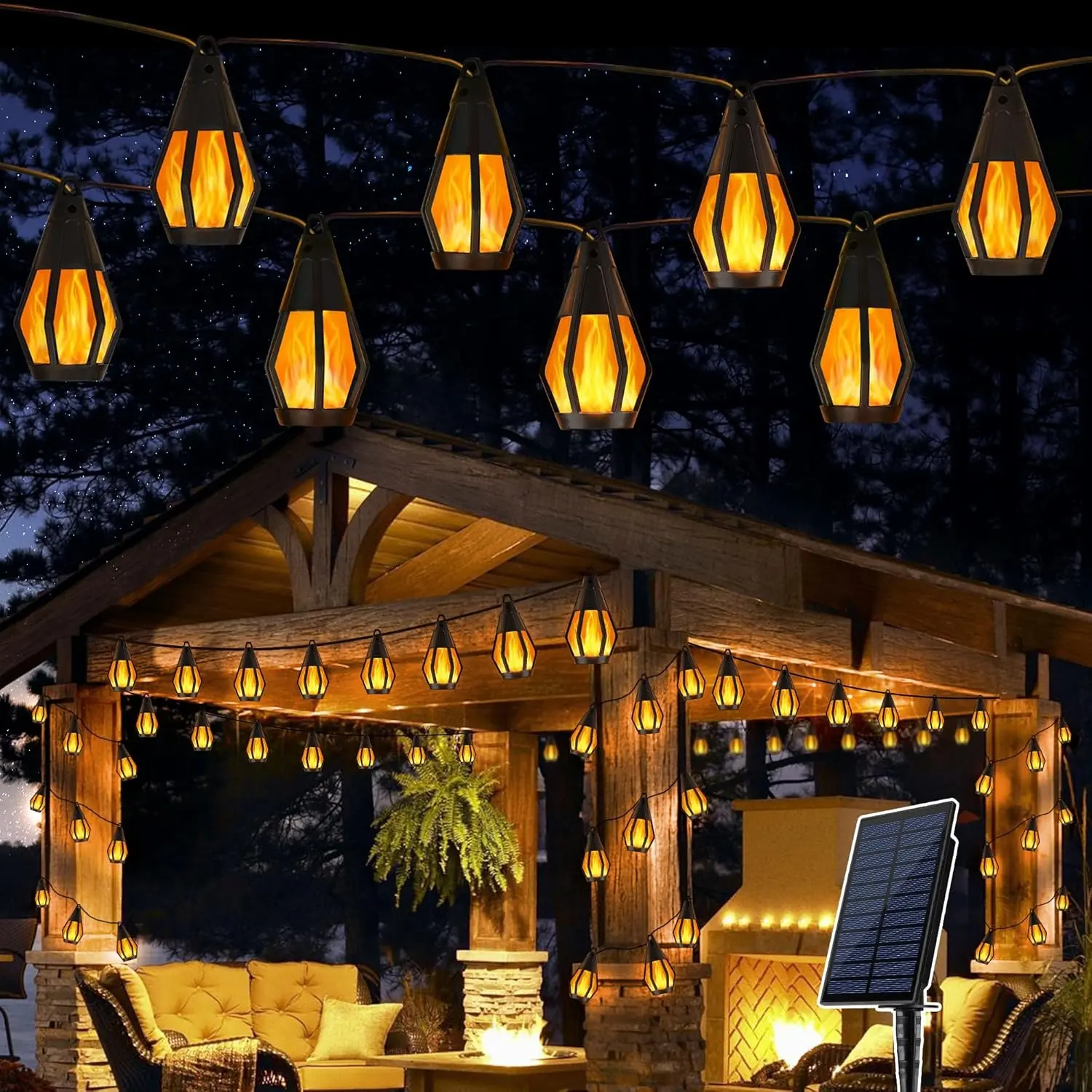 Halloween Decorations Lights, Atmosphere Light, Solar String Lights for Outside, 33Ft Solar Patio Light with 15 Flickering Flame Bulbs, Warm Light, Waterproof Solar Powered Outdoor Lights with Solar Panel for Garden Yard Patio Gazebo Party Decor