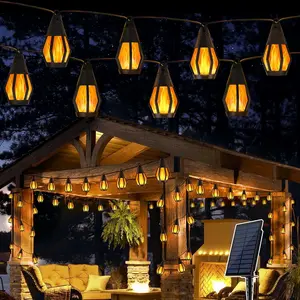 Halloween Decorations Lights, Solar String Lights for Outside, 33Ft Solar Patio Light with 15 Flickering Flame Effect Light Bulbs, Waterproof Solar Powered Outdoor Lights with Solar Panel for Garden Yard Patio Gazebo Bistro Cafe Party Decor