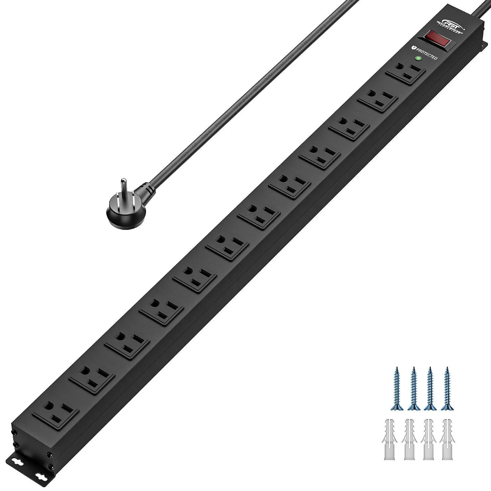 CRST Alloy Aluminum Wired Power Strip with Surge Protection & Plastic Accents, Home Improvement Accessory & Home Accessories, 12 Plug Sockets, 1.7in Wide-Spaced Slots, Mountable, 15ft/6ft Flat Plug Cord Options for Garage Power Supplies, Rectangle