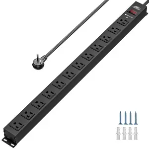 CRST 12 Outlets Wide Spaced Mountable Metal Power Strip Surge Protector, Optional 15FT or 6FT Flat Plug Power Cord 3-year Warranty