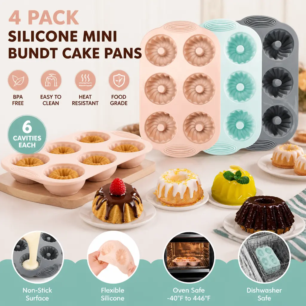 4 Pack Food Grade Silicone Fluted Tube Baking Molds - 6-Cavity Each, Anti-Adhesive Pan Cake Tins, Oven Safe, Microwave Reheat, 1.6" Tall Treat Jello Molds, 3 Assorted Colors for Birthday Parties