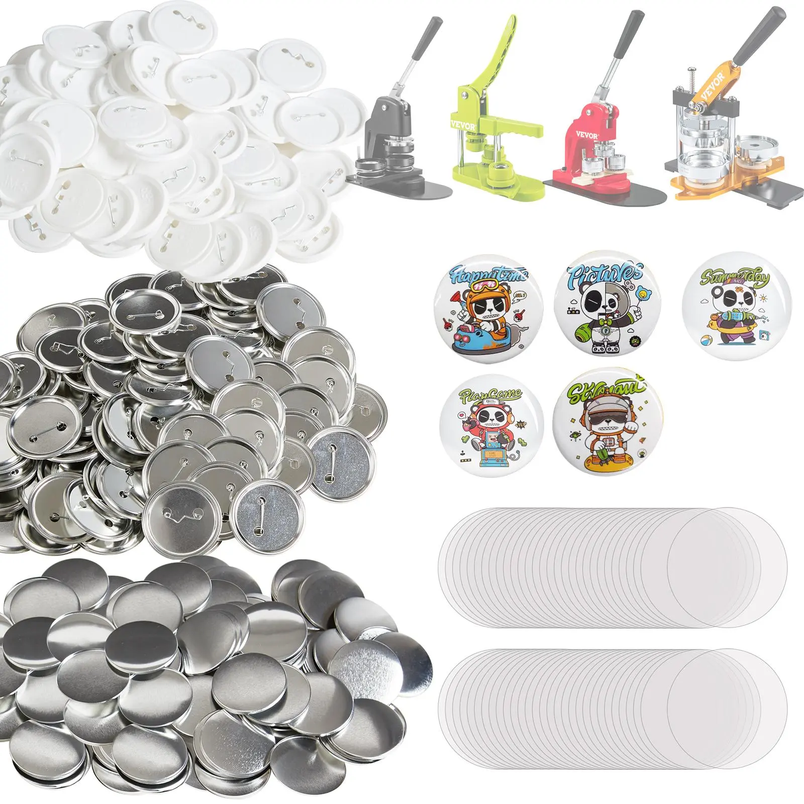 【Summerfinds】VEVOR 500 Sets 2.25 inch 58mm Pin Back Button Parts for Button Maker Machine, DIY Round Button Badge Parts, Set Includes Metal Top, Plastic/Metal Button, Clear Film, and Blank Paper For Gifts Presents