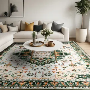 Machine Washable Vintage Rug Non-Slip - Ultra Thin Boho Distressed Area Rug for Living Room, Chenille Soft TPR Backing, Cozy Floral Traditional Medallion Carpet for Bedroom, Nursery, Home Office-S