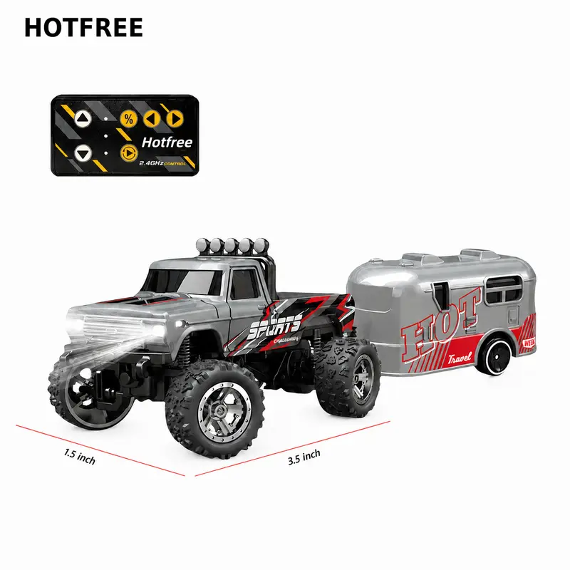 Hotfree 1/64 Mini RC Monster Truck with RV Trailer, 2.4GHz Remote Control Diecast RC Car, USB‑C Rechargeable All‑Terrain Off‑Road Stomper Toy Vehicle, Indoor Outdoor RC Toy for Boys, Christmas Birthday Gift for Kids