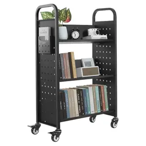 VEVOR Rolling Library Book Cart, 330 lbs Capacity, 30.3x 15x 48.0-Inch Library Cart, Single Sided V-Shaped Shelves with 3-Inch Lockable Wheels, Book Truck for Home Shelves Office and School, Black