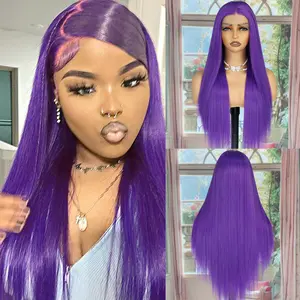 Aodbar hairs Purple Long Straight Wig Glueless Wig13*4 Transparent Lace Frontal Wig  Synthetic Wig Purple Straight  Wig For Women Heat Resistant Fiber Hair Pre Plucked Natural Looking Wis For Daily Party Free Parting Space Wig