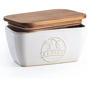 Butter Dish with Lid for Countertop, Farmhouse Butter with Wood Lid, Large Porcelain Butter Container for and Accessories, Off-White