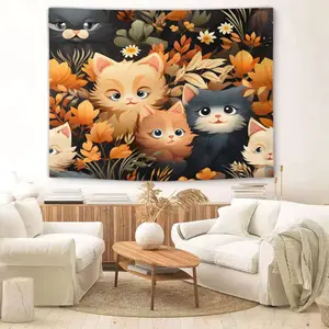 Cute Cat-Themed Wall Hanging — Cartoon & Anime Print Tapestry, Home Textile — Cozy, Aesthetic Bedroom Decor for Cat Lovers; Perfect for Decorating the Walls of Children's Rooms, Teenagers' Bedrooms, Living Rooms, and Various Other Settings.