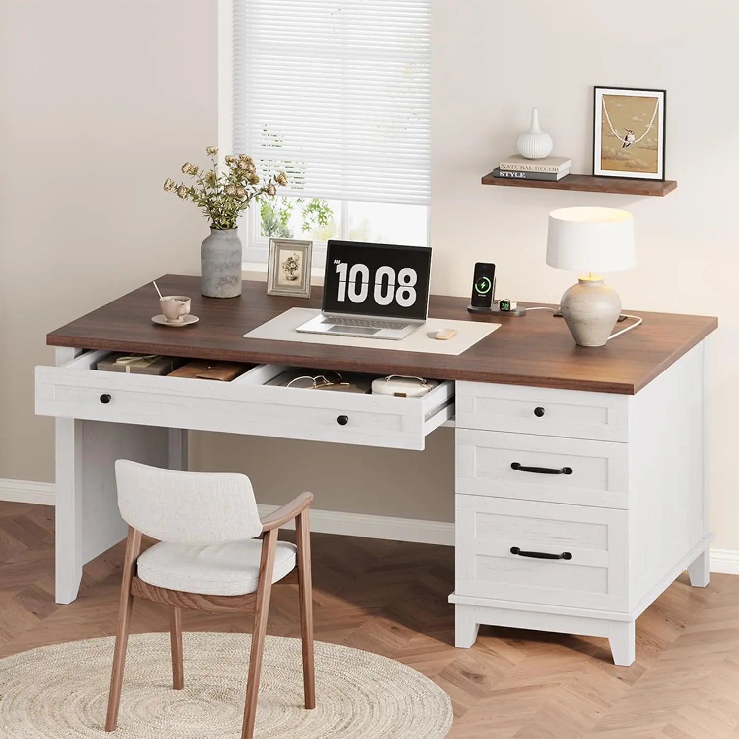 60in Wooden Executive Desk - 5-Drawer Wood Workstation with File Cabinet Storage, Farmhouse Modern Office Computer Table for Home Office, Study Spaces