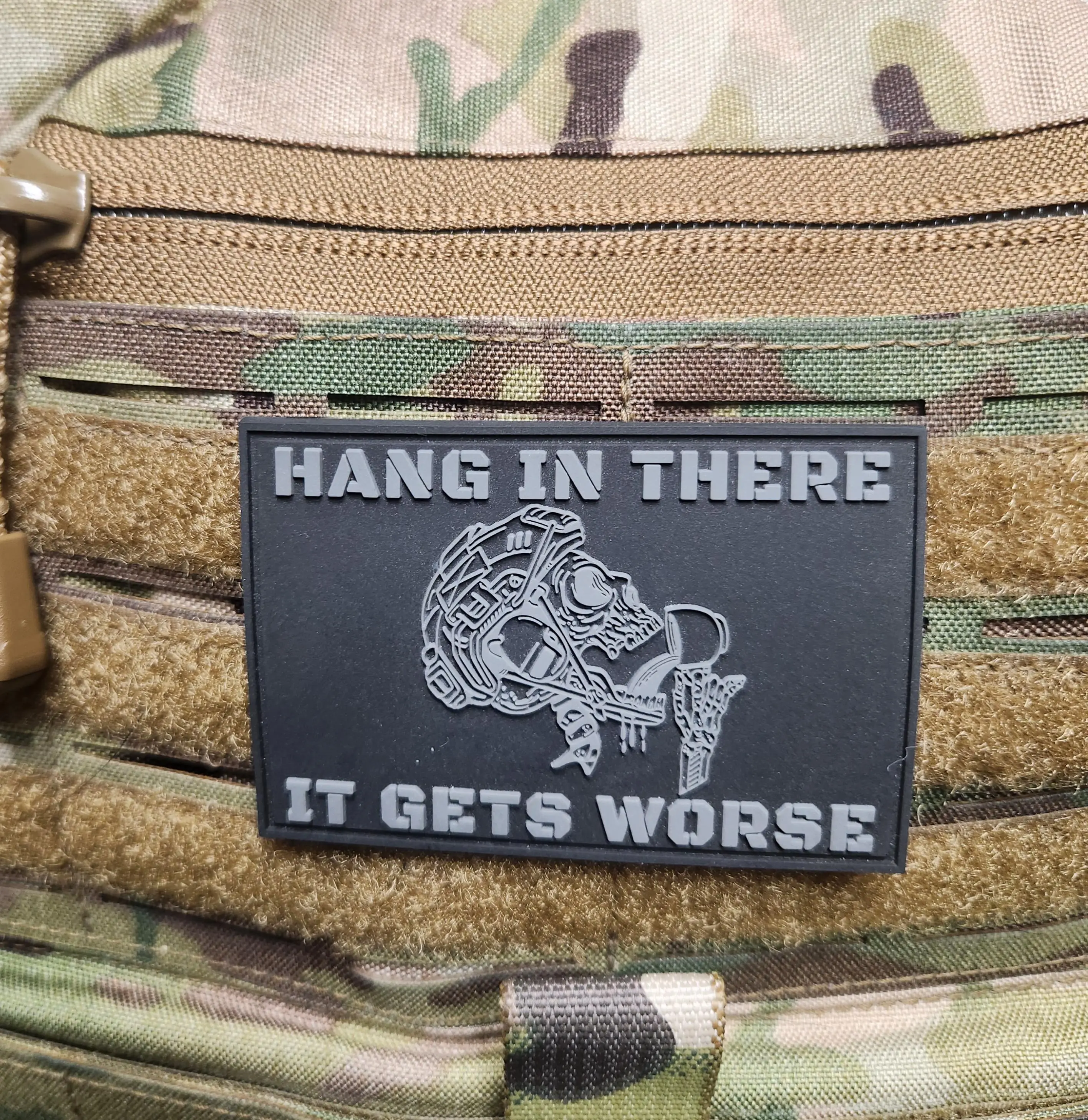 Applique Embroidery Tactical Morale PVC Patch - Velcro-Attach, "Hang In There It Gets Worse" Dark Humor Jokes Design, 3x2in/3x5in Funny Gift for Veterans, Grit & Laughter for Humor in Tough Days