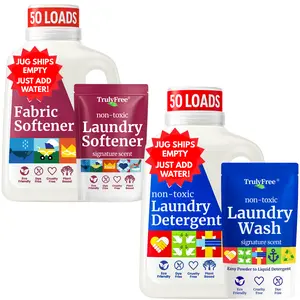BUNDLE & SAVE! Truly Free Laundry Duo | Signature Laundry Detergent + Fabric Softening Rinse | Non-Toxic & Baby-Safe | Lavender & Eucalyptus | Includes Two Empty, Refillable Detergent Jugs + One Refill Pouch Each - Just Add Water!