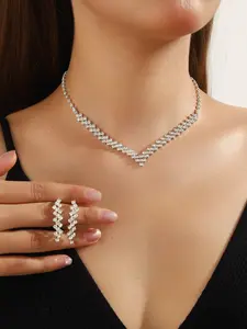 Elegant Rhinestone V-Shape Necklace & Earrings Jewelry Set, Perfect for Parties, Weddings, Birthdays, Gifts, All Seasons