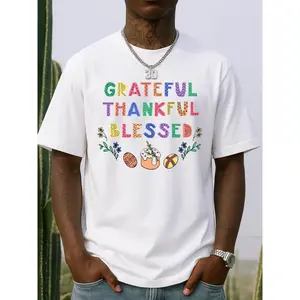 Comfortable Men's White Blessed Tee – Loose Fit, Hip-Hop Style with Gratitude Print, Perfect for Spring & Summer