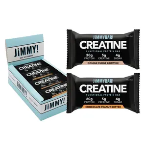 JiMMYBAR! Creatine Protein Bar 20g Protein 5g Creatine Chocolate Peanut Butter & Double Fudge Brownie Flavors 12ct & 24ct Boxes Natural Ingredients Creamy Snack