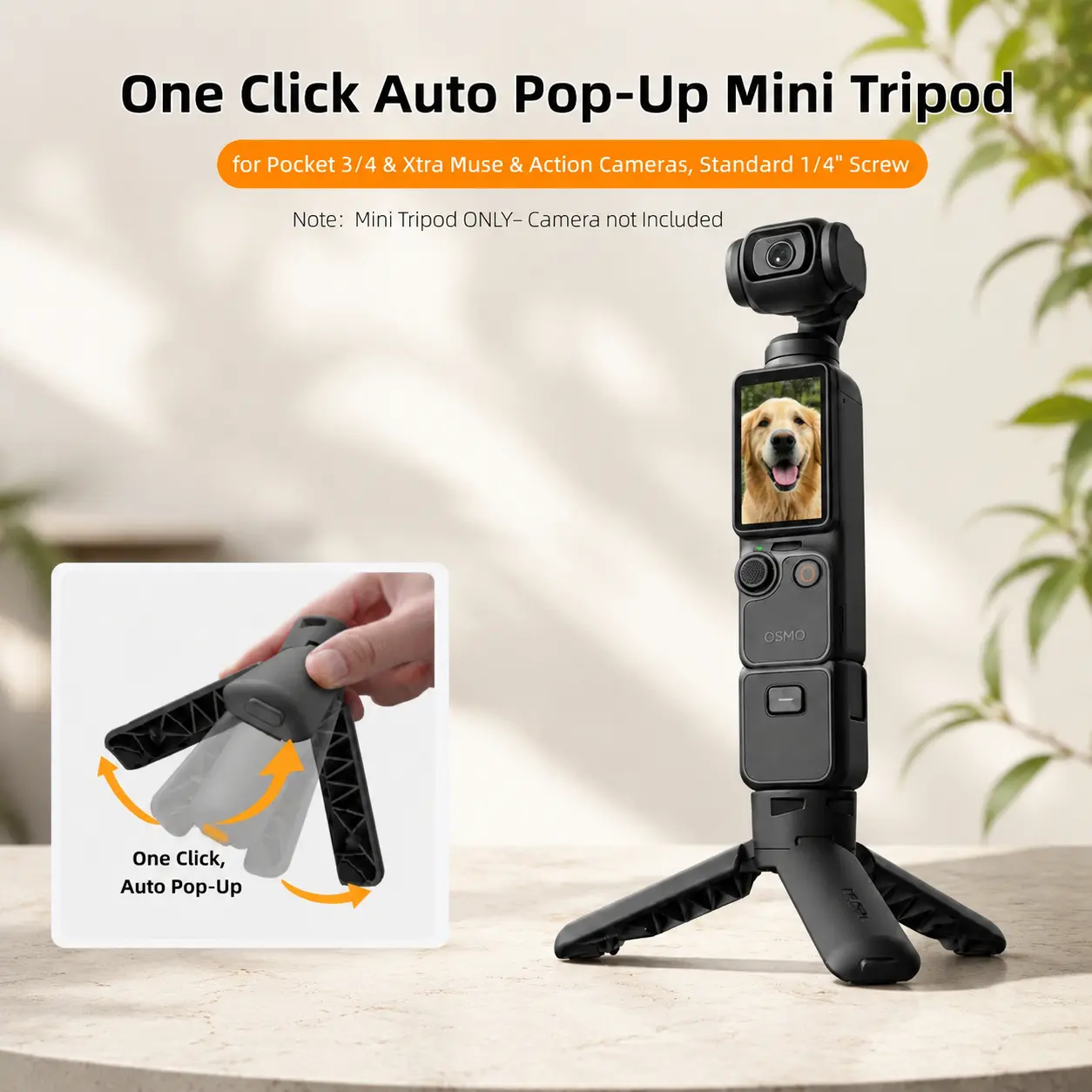 2-in-1 Portable 1-Click Auto-Open Mini Tripod with Handheld Handle, Desktop Stand & Protection - Daily Vlogging Equipment for DJI OSMO Pocket 3/4, Action Cameras - 1/4" Universal Thread, Anti-Slip Silicone, Filming Setup Accessory