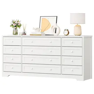 Garvee Modern Wooden Dresser with 12 Drawers, Wide Solid Wood Build, Steel Frame, Built-in Charging Drawer, and Support for Large TVs up to 75 Inches, Perfect for Bedroom, Living Room, Hallway, or Entryway
