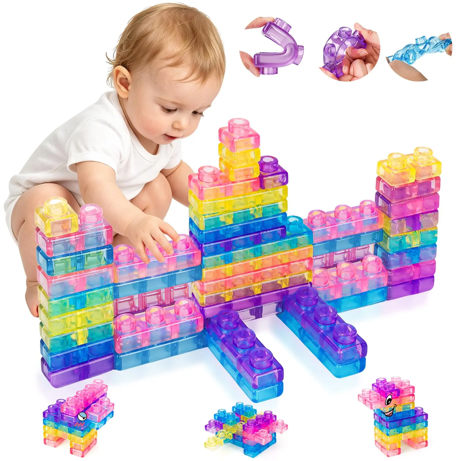 80 PCS Sensory Soft Building Blocks for Toddlers, Kids Montessori Squishy Stacking Toy Set,Squeezable & Stretchable Early Learning Construction Playset,Puzzle Blocks for Creative Play
