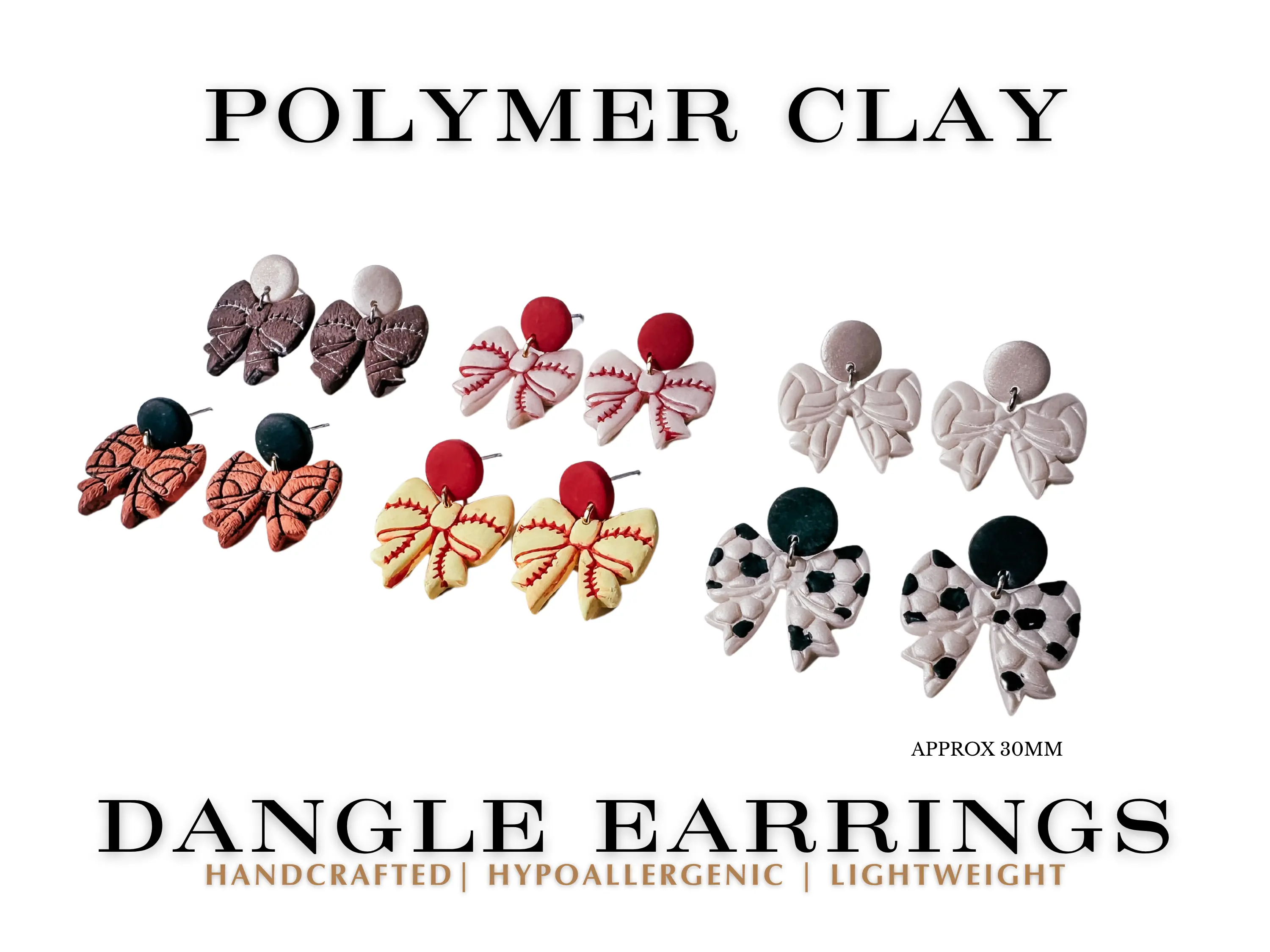 Polymer Clay Dangle Drop Earrings - Enchanted Sideline Sports Bows for Baseball, Basketball, Volleyball