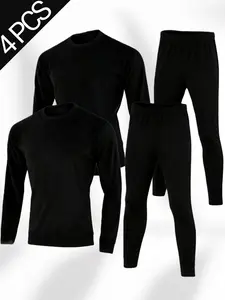 4 Piece Men's Slim Fit Thermal Underwear Set 2 Tops 2 Pants Warm High Elasticity Ideal for Skiing Winter Sports Fitness Enthusiasts Great Holiday Gift
