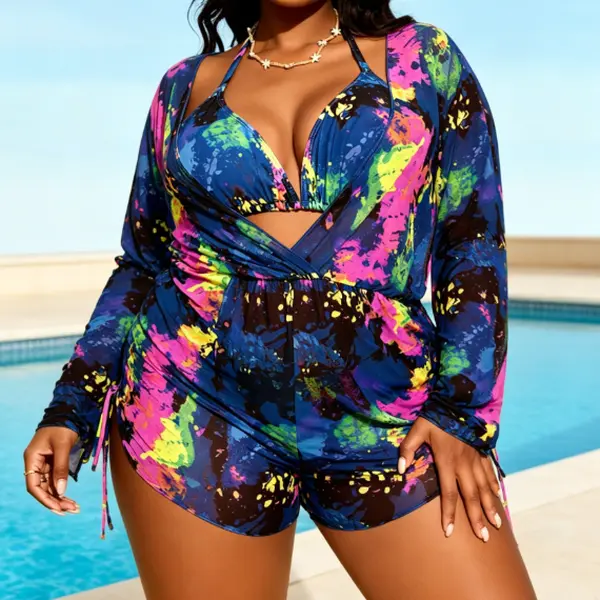 Women's Plus Size Rainbow Ink Splash 3-Piece Rash Guard Bikini Set, Matching Long Sleeve Mesh Drawstring Romper Cover-Up, Tummy Control Mom-Friendly Beach Vacation Swimwear