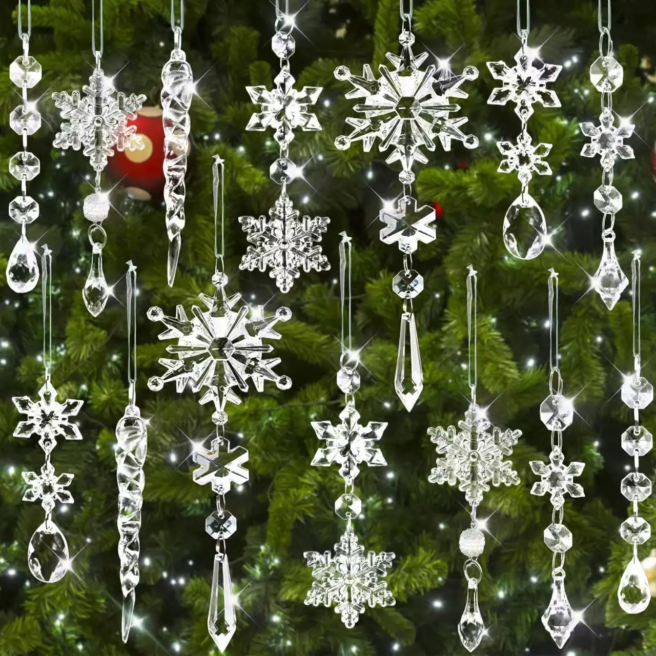 20 Crystal Christmas Decorations, Acrylic Ice Cone Ornaments, Snowflake Decor, Ribbon Included, Perfect for Christmas Tree, Christmas Party Supplies, Festive Decoration, Holiday Decor