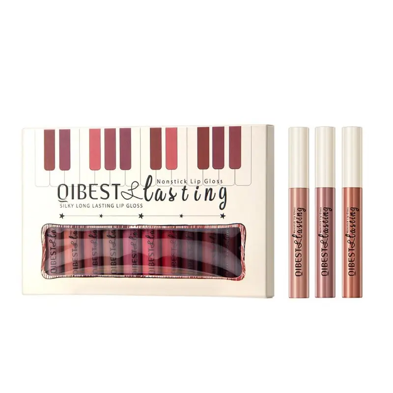 QiBest 12-Piece Non-Sticky Lip Gloss Set Matte Liquid Lipsticks Long-Lasting Color