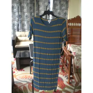NWT Lularoe Julia Dress SMALL Aegean Blue and Mustard Stripe
