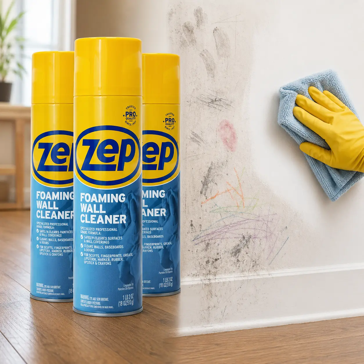ZEP 18 oz. Foaming Wall Cleaner Household, No Scrub Wall Cleaner Spray, Just Spray and Wipe to Clean Painted Walls & Surfaces, ZEP Thick Foam Clings to Walls, Cleans Without Damaging Paint or Finishes, Works on Tile Vinyl Woodwork