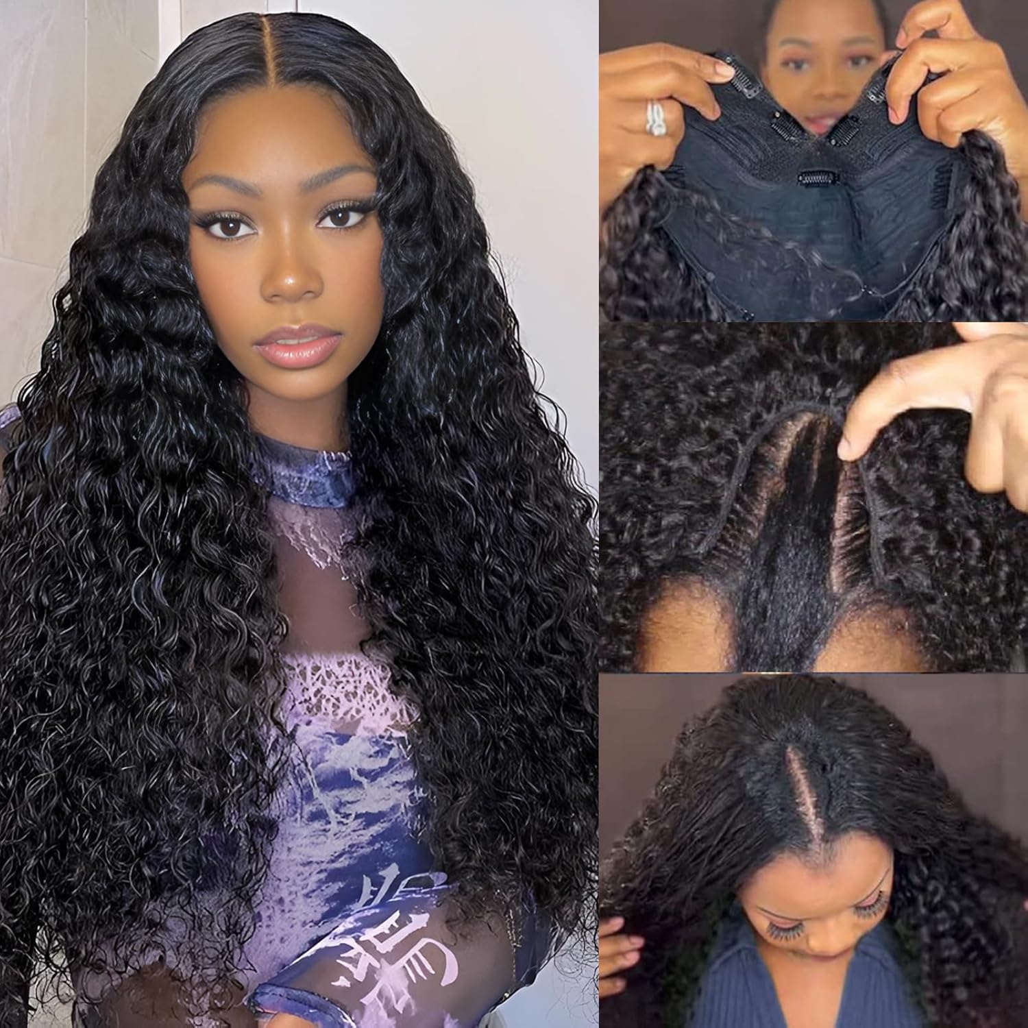 【Bye Bye Slip】 Bling Hair Deep Wave Wig V Part Human Hair Wigs with Drawstring Ready To Wear Invisible Knots Wig for Beginners Friendly All Day Secure