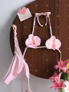 Summer vacation outfit solid color beaded halter tie back sexy bikini set with pearl decor flower swimsuit bikini with charm kawaii swimsuit