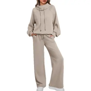 Women’s Lounge Sets/Sweatsuits, 2-Piece Outfit (Fall 2025): drawstring sweatshirt and wide-leg sweatpants in soft beige, comfortable fabric, relaxed fit; women’s targeted development pants set