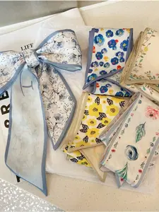 Women's Silk Scarf & Hair Accessories Set, Blue Floral Print Headband, Hair Tie, Multi-Purpose Bandana Turban for Daily Use