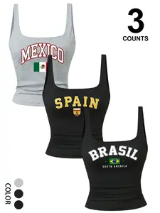 Women's Summer Daily Mexico Spain Brazil Flag Print Three Pieces Square Neck Vest Home Outdoor City Slim Trend Casual Elegant Youth Simple Versatile Texture Temperament Nature Literary Sport