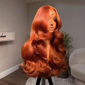 Dark Ginger Orange Body Wave Human Hair Wig Transparent Lace Front Wig For Woman 180 Density 13X4 Lace Frontal Wig Pre Plucked Brazilian Remy Hair Wig 40 Inch