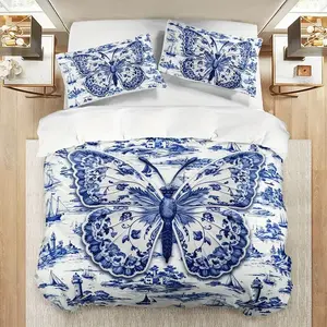 3-Piece Blue Butterfly Pattern Print Bedding Set (1 Fitted Sheet + 2 Pillowcases), Polyester Fiber Material, Universal Fit, No Comforter Included
