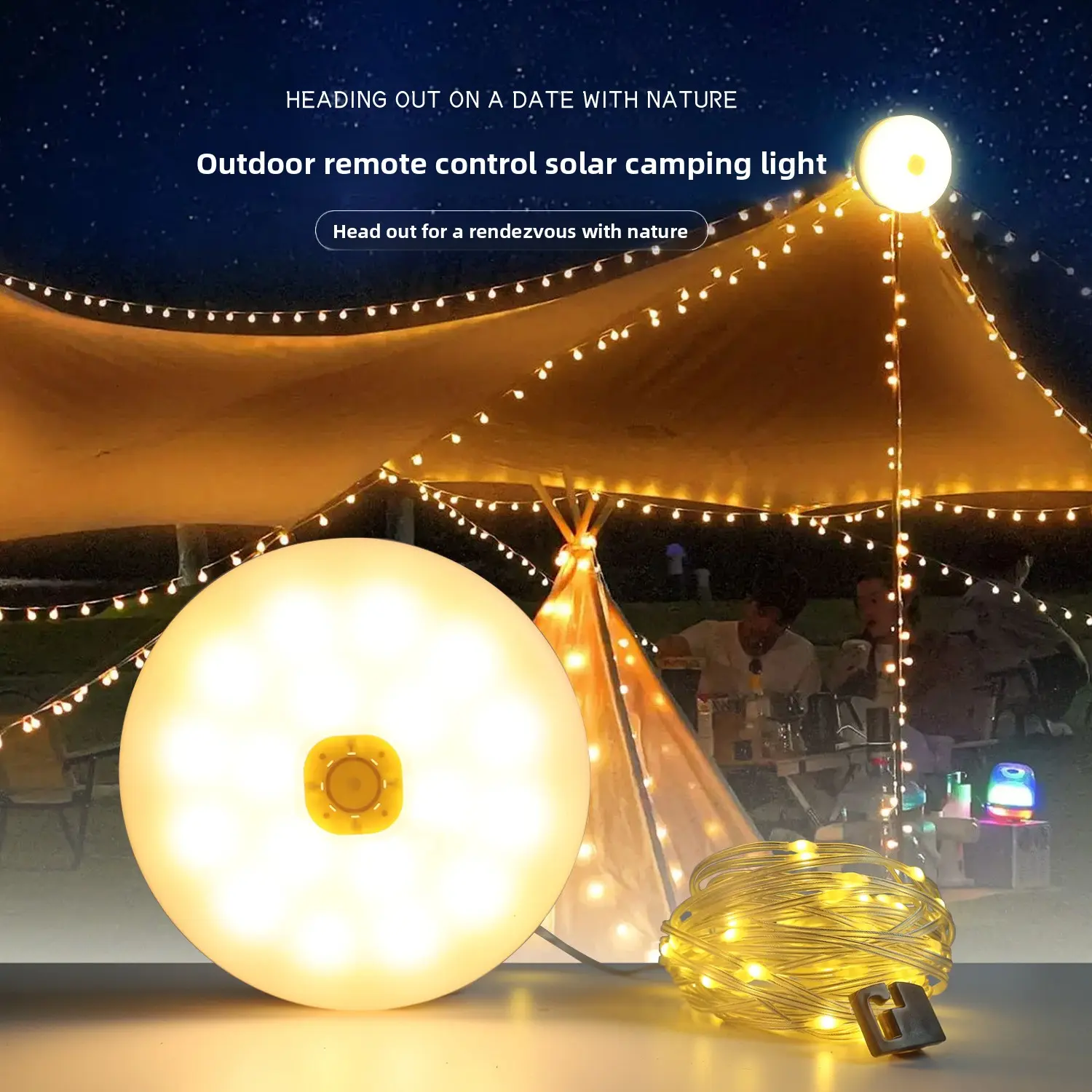Solar Camping String Lights, 5400mAh 39.37Ft Retractable LED String Lights, Solar & Battery Powered, Waterproof Emergency Outdoor Lights Rechargeable High-Lumen Flashlight
