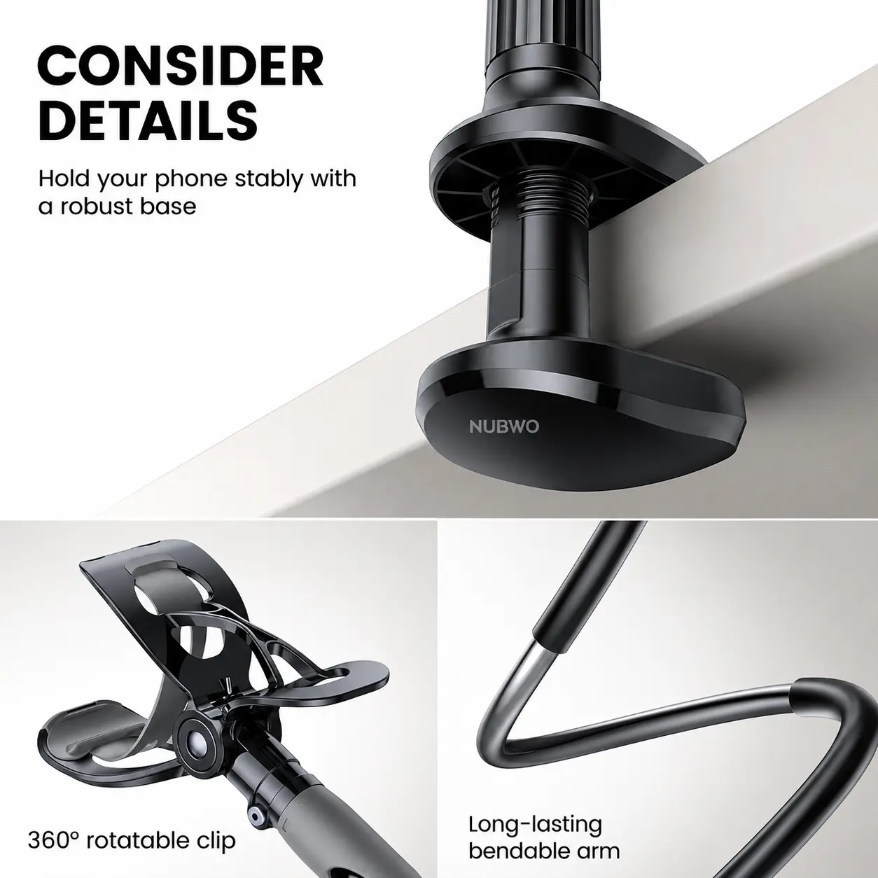 Gooseneck Bed Phone Holder with 33.4" Flexible Arm, Quick Installation and Adjustable Clamp for 4–7 Inch Phones
