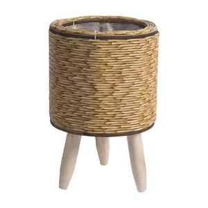 Woven Basket Planter Flowerpot with Legs, Indoor Wooden Round Woven Planter Rattan Flower Pot Holder Flower Pot Shelf for Balcony, Apartment, Drawing Room Decorations 8.46x5.5inch
