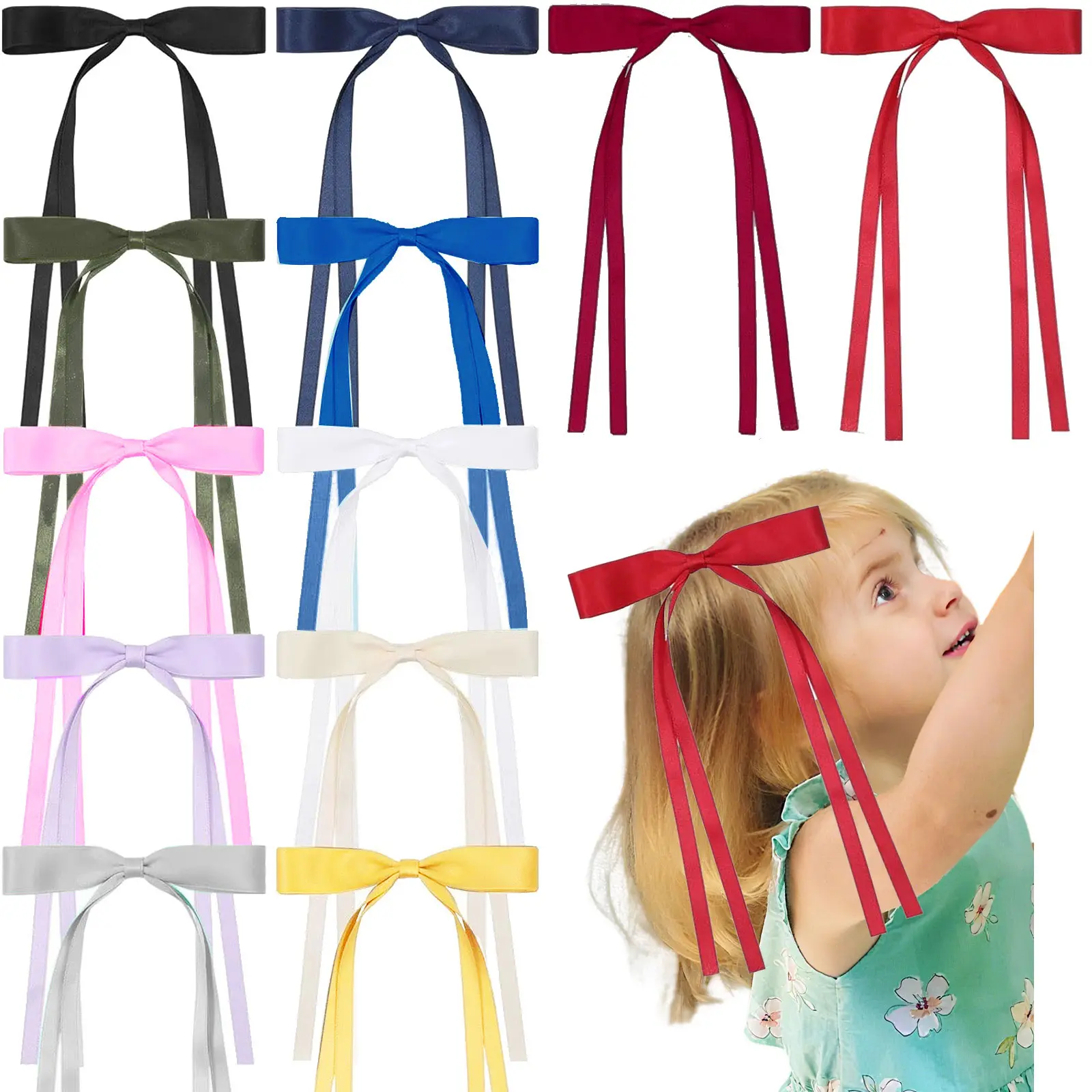 JoyBowie 12 - piece Set of 6.5 inch Long Ribbon Tail Hair Bows for Girls - Elegant and Colorful Hair Accessories Girls' hairpins Baby Girl Hair bows